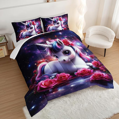 Girls Unicorn Twin Size Bedding Set,Red Rose Flowers Comforter Set for Kids Teens Room Decor,Romantic Starry Sky Galaxy Cute Bedding Sets with 2 Pillowcases.