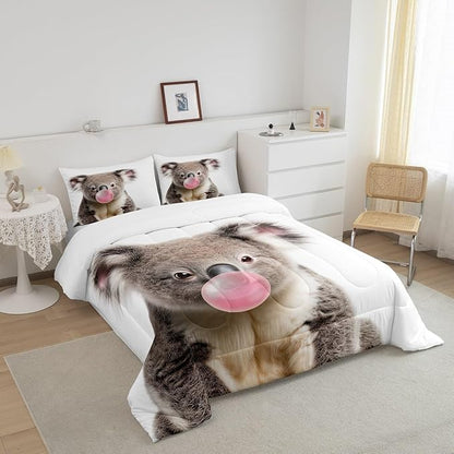 Castle Fairy 3D Koala Comforter Set,Koala Blowing Bubbles Bedding Set for Kids Girls Women,Adults Wild Animals Comforter,Cute Animal Quilted Duvet Set Bedroom Collection Twin Size 2Pcs