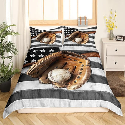 Castle Fairy Sports Theme Duvet Cover Queen,Old Baseball Glove Bat Comforter Cover for Boys Men,Vintage Stars Flag Ultra Soft Bedding Set,Grey White Stripes Bedroom Decor Bedspread,No Comforter