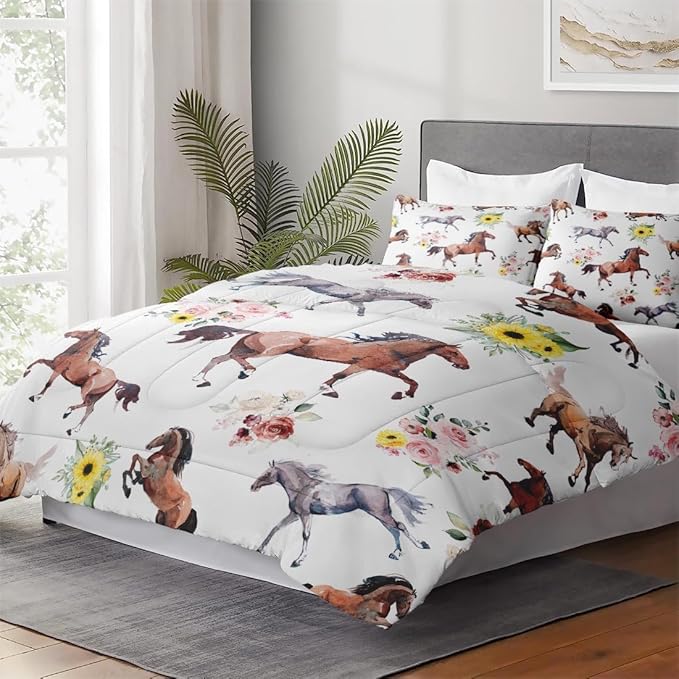 Full Size Comforter Set with 2 Pillowcases, Vintage Horse Brown Soft 3 Pcs Bedding for Kids and Adults, Get Watercolor Run Comforter Set for Room Bedroom Bed Decor