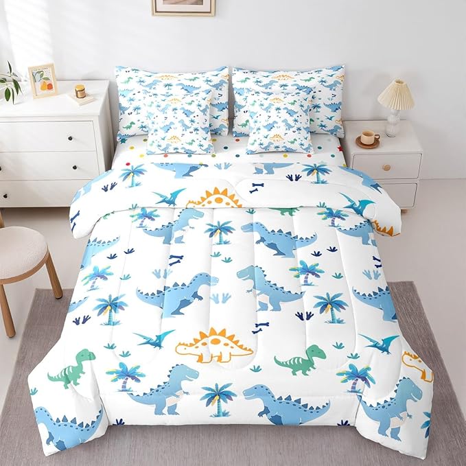 Feelyou Cute Dinosaur 7 Piece Bedding Set Blue Dinosaur Comforter Set with Sheets for Kids Boys Girls Coconut Palm Bed in a Bag Animal Theme Bed Set Soft Lightweight