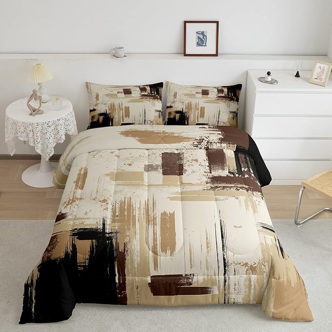 Feelyou Abstract Bedding Set Kids Modern Abstract Art Comforter Set Brown Grey Black Comforter for Boys Room Decor Lightweight Duvet Set Toddler Size with 1 Pillow Case