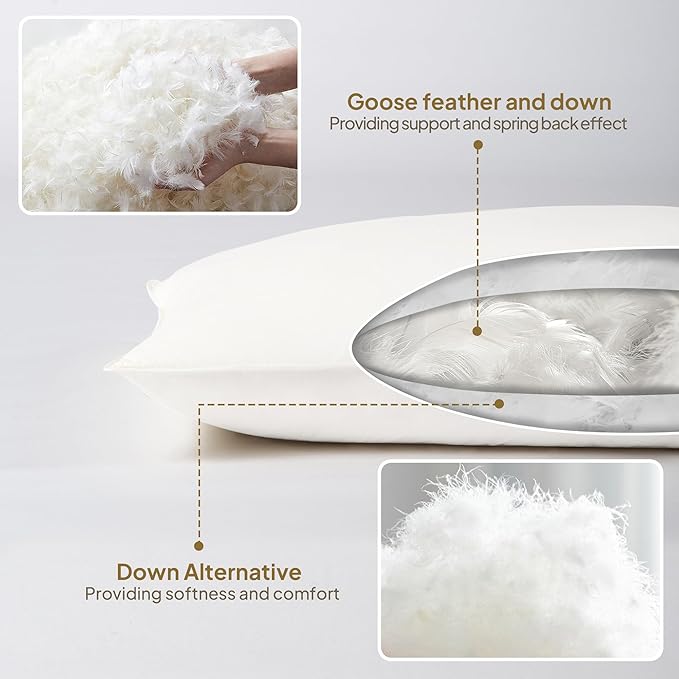 Goose Down Body Pillows for Adults, Large Body Pillow for Side Sleeper, Hugging Feather Body Pillow Insert, Cooling Full Length Long Pillow for Bed with 100% Organic Cotton Shell, White 20"x60"
