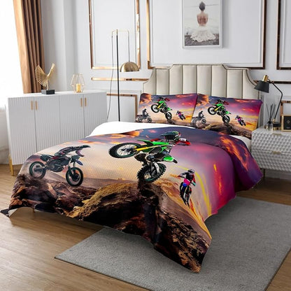 Motorbike Bedspread Quilt Set Queen Size, Boys Motocross Rider Coverlet, Teens Racing Motorcycle Dirt Bike Bedspread Kids Child, Vehicles Extreme Sport Quilted, Kids Car Theme Room Decor