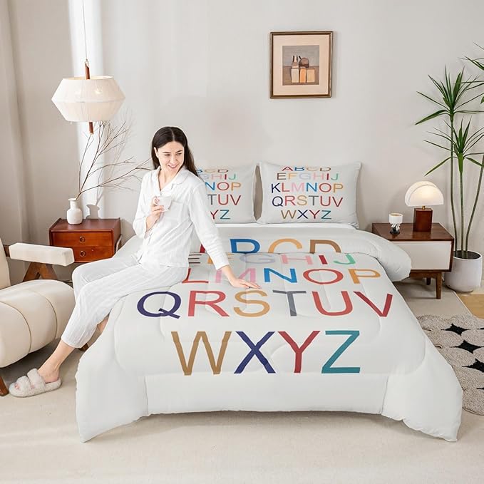 Teens 3D Alphabet Comforter Set Queen Size,Colorful Alphabet Bedding Set for Kids Boys Girls Bedroom Decoration,English Bed Duvet Insert,Learning Alphabets Comforter with 2 Pillowcases