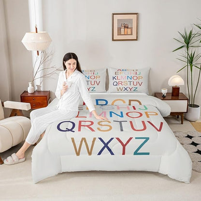 3D Alphabet King Size Comforter Set,Kids Colorful Alphabet Decor All Season Bedding Set,Teens English Comforter,Learning Alphabets Decor Quilt Set Bedroom Collection 3Pcs