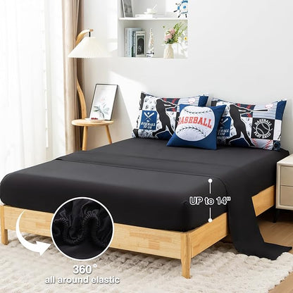 A Nice Night Sports Geometric Grid Black Patchwork Baseball Printed for Boys Queen 6Pcs Bed in A Bag Comforter Bedding Set,Blue