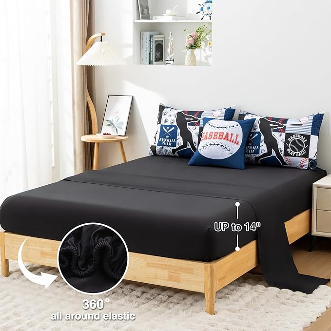 A Nice Night Sports Geometric Grid Black Patchwork Baseball Printed for Boys Full 6Pcs Bed in A Bag Comforter Bedding Set,Blue