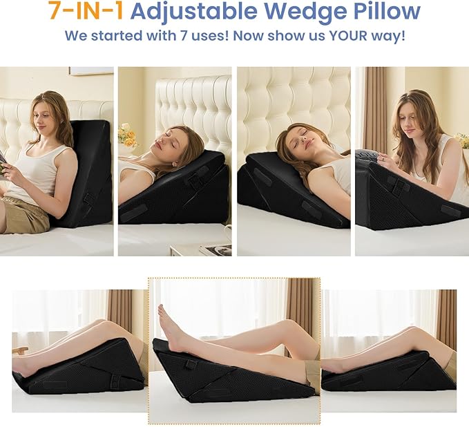 Sasttie Wedge Pillow for After Surgery, Adjustable Bed Wedge Pillow Headboard for Acid Reflux, Sleeping, Neck & Back Support, with Removable Cover, Black
