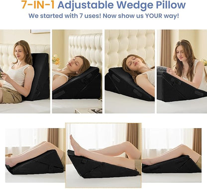 Sasttie Wedge Pillow for After Surgery, Adjustable Bed Wedge Pillow Headboard for Acid Reflux, Sleeping, Neck & Back Support, with Removable Cover, Black