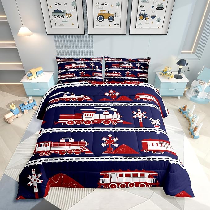 Erosebridal Train Comforter Set Cartoon Car Toddler Bedding, Traffic Transportation Track Comforter for Kids Teens Vintage Steam Engine Railway Decor Quilt Set Room Twin 2Pcs, Navy Blue Red White