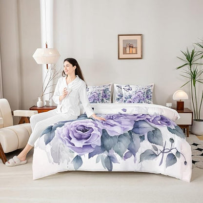 Feelyou Light Purple Rose 7 Piece Bedding Set King Size Butterfly Comforter Set with Sheets for Women Girls Teens Floral Flower Bed in a Bag Romantic Bed Set