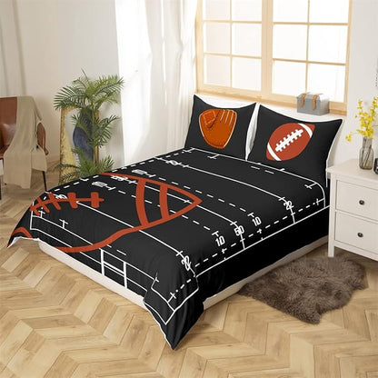 American Football Field Bedding Set Twin Size,Boys Ball Sports Games Themed Duvet Cover for Kids Bedroom Decor,Brown Rugby Gloves Sporting Equipment Polyester Quilt Cover with 1 Pillowcases, 2 pcs