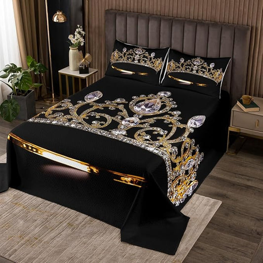 Erosebridal Gold Crown Bedspread Queen Size Diamonds Coverlet Set for Lady Boys Teens,Luxurious Bedding Set Gorgeous Crown Quilt Set Soft Cozy Luxury Bedroom Decor Black