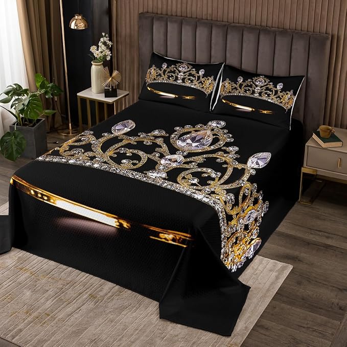 Erosebridal Gold Crown Bedspread Twin Size Diamonds Coverlet Set for Lady Boys Teens,Luxurious Bedding Set Gorgeous Crown Quilt Set Soft Cozy Luxury Bedroom Decor Black