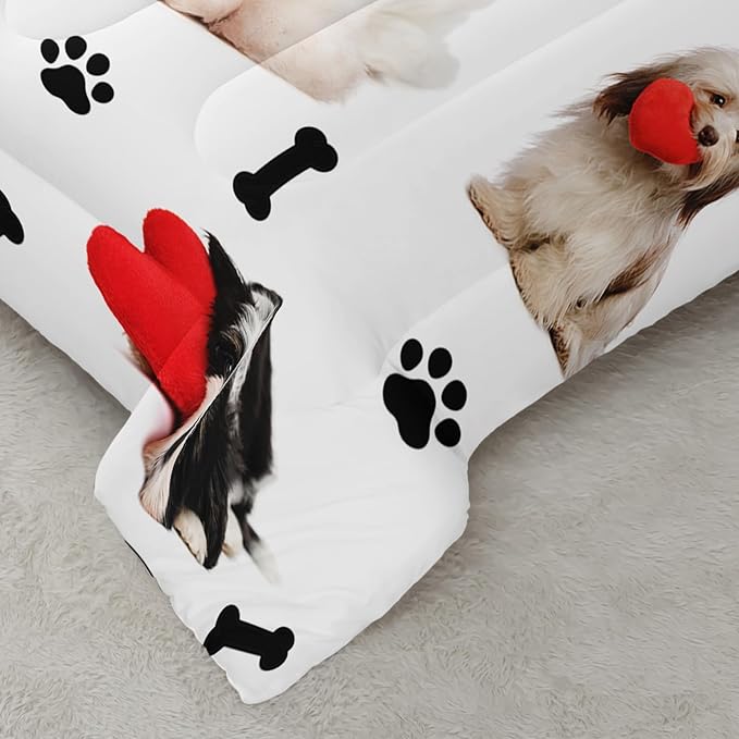 Cute Dog Comforter Set, Cartoon Paw and Bone Print Bedding Home Decor, Pet Puppy White Comforter Full Size