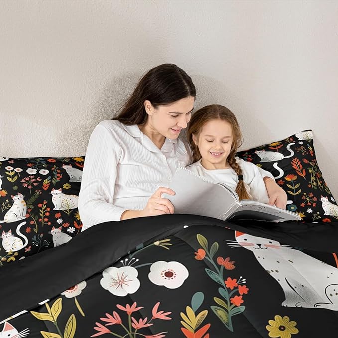 jejeloiu Cute Cat Bedding Set Soft for Boys Girls, Floral Flower Comforter Set Twin Size Nature Plants Duvet Quilt Microfiber Black Colorful Bedroom Decor 2 Pcs with 1 Pillow Cases