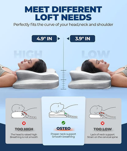 Osteo Sustained Cervical Health Neck Pillow, Contour Zoned Design Ergonomic Pillow for Pain Relief, No-Temperature Affected Memory Foam Pillows, Cooling Pillow Support Side, Back, Stomach Sleeper