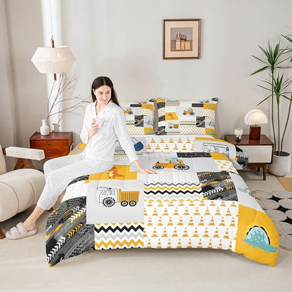 Feelyou Construction Comforter Set Queen Size Kids Cartoon Car Excavator Tractor Toddler Comforter Equipment Trucks Plaid Grid Yellow Comforter Set Construction Vehicles Duvet Set Quilt Set