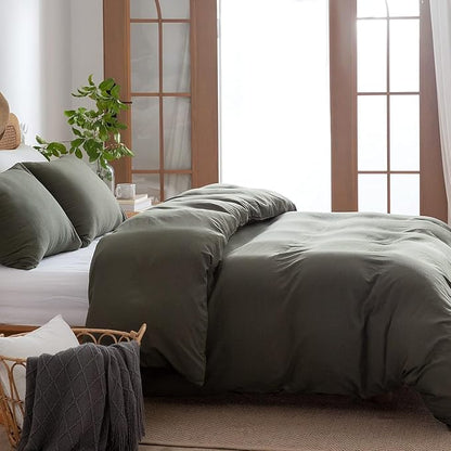 Jane yre Dark Green Duvet Cover Queen, 100% Washed Microfiber 3 Pieces Dark Green 1 Duvet Cover +2 Pillowcases with Zipper Closure, Soft Natural Slight Wrinkled Comfy