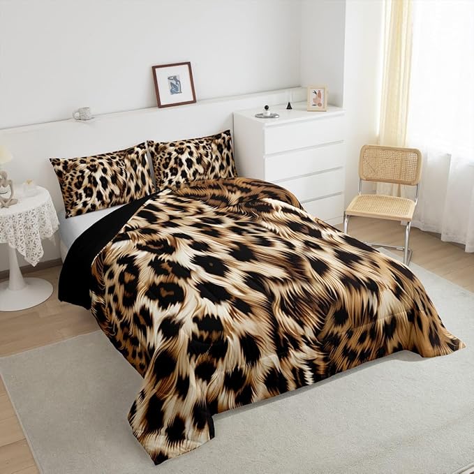 Feelyou Leopard Print Comforter Set - Cheetah Print Bedding Set for Kids - 1 Comforter Set with 2 Pillowcases - Queen Size
