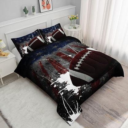 American Flag Comforter Set American Football Graffiti Printed Bedding Set with 1 Comforter and 2 Pillowcases for Boys and Girls Bedroom All Season(Football-2 Queen)