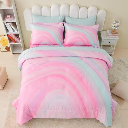 Wajade Girls Pink Comforter Set Bed in A Bag Twin Size 7 Piece 3D Colorful Tie Dye Pink Rainbow Bedding Set for Teens Girls (1 Comforter, 1 Flat Sheet, 1 Fitted Sheet, 2 Pillowcase and 2 Pillow Sham)