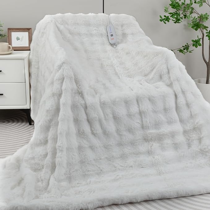 Heated Blanket Electric Queen- 84"x90" Soft Thick Bubble Electric Blanket for Sofa with 5 Heat Levels & 10 Hours Auto-Off Overheat Protection, Warm Cozy Gifts, Cream