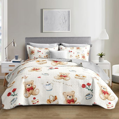 Kawaii Brown Teddy Bear Pet Toy Quilt Bedding King 3Pcs Cartoon Rose Cake Breadbasket Bed Set Safari Animal Pattern Bedspread Coverlet with 2 Pillowcases for Kid Boy Girl Teen Adult Room Decor
