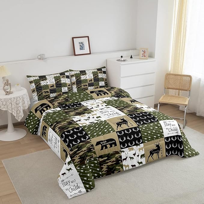 Feelyou Deer Print Comforter Soft Quilt for Girls, Bear Camouflage Bedding Set Kids Deer Hunting Arrow Grid Plaid Comforter Set Decor,Green Collection 3Pcs Full Size Boys