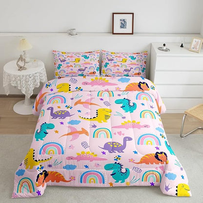 Feelyou Girls Pink Dinosaur Toddler Bedding Set Queen Size Purple Green Dinosaurs Comforter Set Cute Cartoon Dino Rainbow Down Comforter Quilt Kids Room Decor Reversible Stars Bed Set for All Seasons