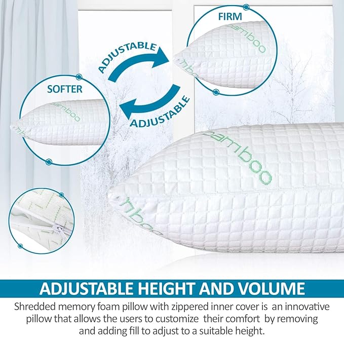 2 Pack Queen Size Rayon Derived from Bamboo Pillows, Cooling Shredded Memory Foam Pillow Sets for Sleeping for Back, Stomach, Side Sleepers, Adjustable,, Washable Cover, Queen (Pack of 2)