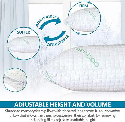 2 Pack Queen Size Rayon Derived from Bamboo Pillows, Cooling Shredded Memory Foam Pillow Sets for Sleeping for Back, Stomach, Side Sleepers, Adjustable,, Washable Cover, Queen (Pack of 2)