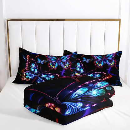 Colorful Butterfly Bedding Set, Twin Size Neon Butterfly Comforter Set, Room Decor for Kids Teens, 1 Quilt with 2 Pillowcases