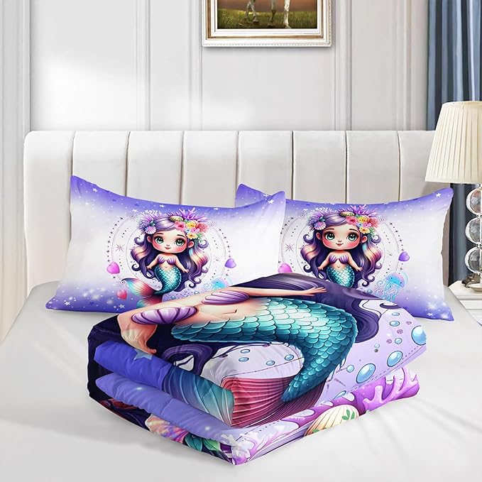 Cute Mermaid Pattern Full Comforter Set,Star Jellyfish Ocean Themed Bedding Sets for Kids Toddlers Girls Boys Room Decor,Princess Bedding with 2 Pillowcases.
