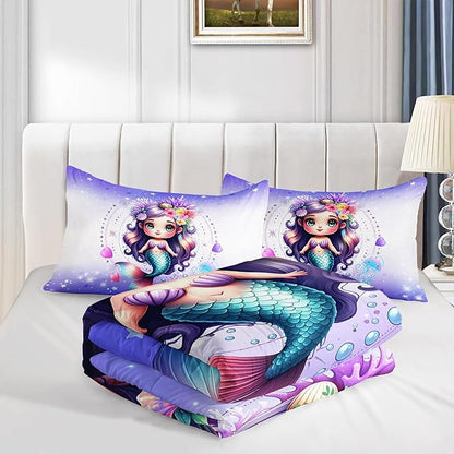 Cute Mermaid Pattern Twin Comforter Set,Star Jellyfish Ocean Themed Bedding Sets for Kids Toddlers Girls Boys Room Decor,Princess Bedding with 2 Pillowcases.