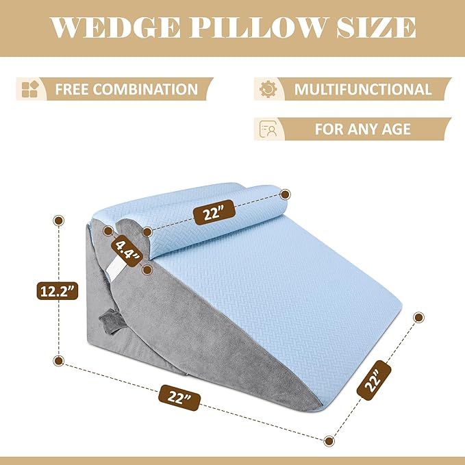 Bed Wedge Pillow for Sleeping, Adjustable Wedge Pillow Set for After Surgery, Elevated Triangle Pillow for Acid Reflux and Back Pain Relief, Post Surgery, Sleep Apnea, Back Suppor