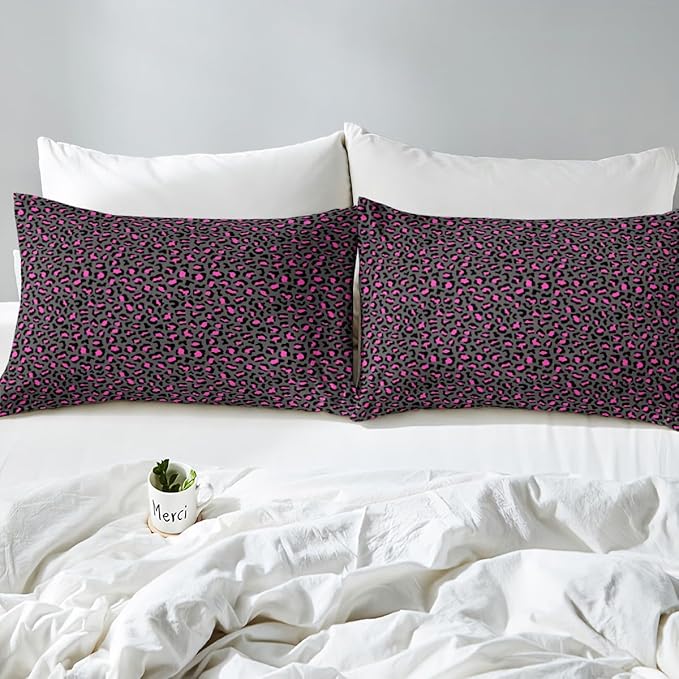Leopard Print Duvet Cover Set King Size,Wild African Cheetah Animal Comforter Cover with 2 Pillowcases Bedspread,Pink and Grey Fur Microfiber Quilt Cover for Adult Women, 3 Pieces