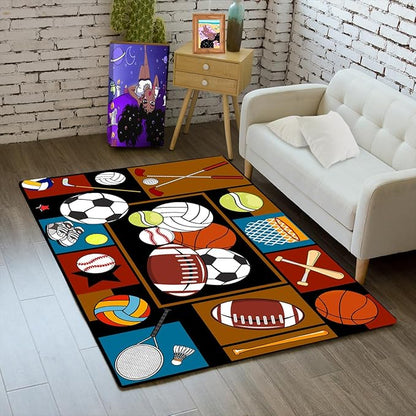 Sports Rugs for Boys Bedroom - Basketball Rug for Boys Bedroom Kids Carpet Sports Theme Basketball, Soccer, Baseball Carpet for Living Room Floor Mat Welcome Mat, 2x3 Feet