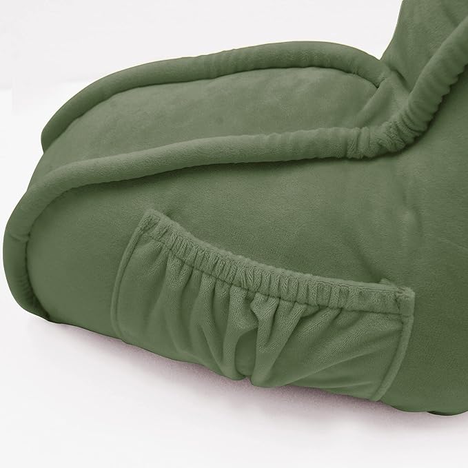 Super Soft Velvety Backrest Reading Bed Rest Pillow with Arms and Pockets 18" H for Sitting in Bed Couch Sofa, Back Support Wedge Cushion with Removable Cover, 20" x 18" x17", Avocado