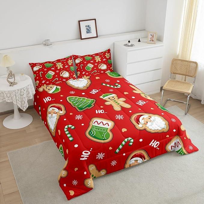 Erosebridal Santa Claus Comforter Set Full,Cute Gingerbread Man Bedding for Kids Child Teens,Cartoon Christmas Tree Snowflake Comforter Sets,Red Green Xmas Duvet Insert with 2 Pillowcases