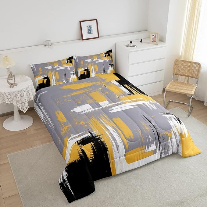 Abstract Bedding Set Kids Modern Abstract Art Comforter Set Yellow Grey Black Comforter for Boys Room Decor Lightweight Retro Duvet Set Toddler Size with 1 Pillow Case