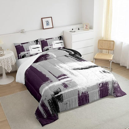 Feelyou Abstract Bedding Set Comforter Set for Kids Boys Children Modern Abstract Art Comforter Ultra Soft Decor Purple Grey White Duvet Set Twin Size