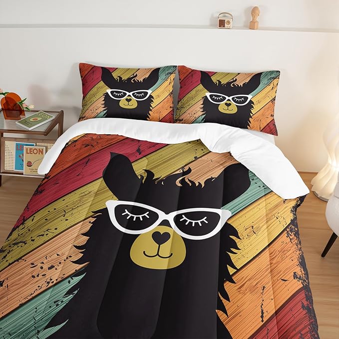 HOSIMA Llama Comforter with 2 Pillowcases Funny Room Decor,with Handsome Alpaca Pattern Vintage Colorful Wood Grain Bedding Set for Boys Girls Teens,Animal Bedding Queen Comforter Set.
