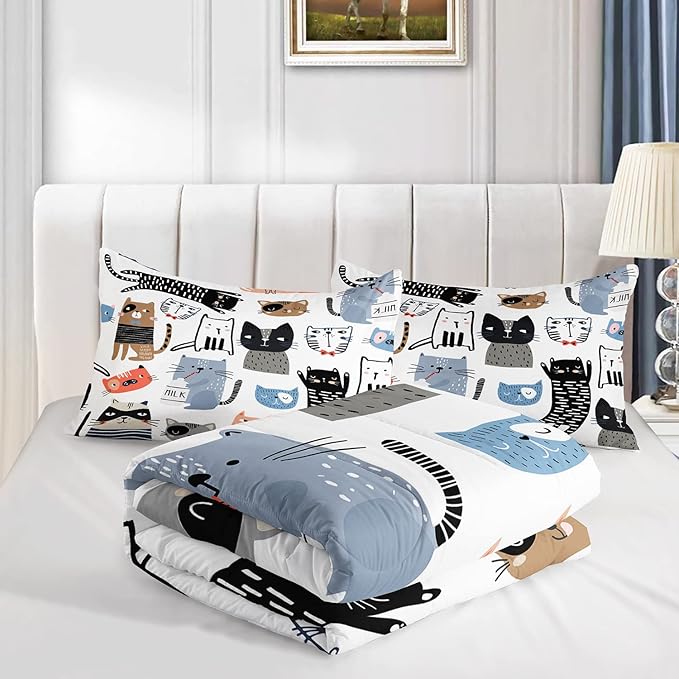 CVHOUSE Cat Bedding,Cartoon Cat Comforter Full,Animals Print Comforter Set for Kids,Kawaii Quilt Set with 1 Comforter and 2 Pillow Cases