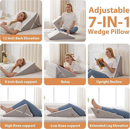 Wedge Pillow, 9&12” Adjustable Bed Wedge Pillow for Sleeping, Triangle Pillow for Back Pain Relief, Memory Foam Pillow Wedge for Post Surgery, Acid Reflux and Snoring, GERD, White/Grey