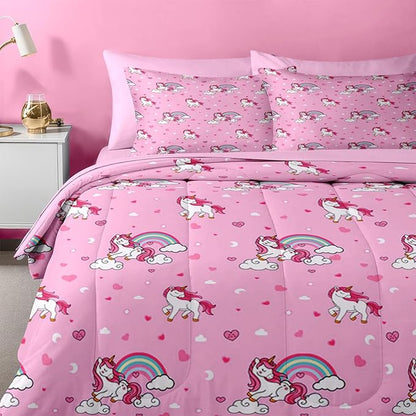 Nesker 7 Pcs Comforter Set Queen Size, Cute Pink Unicorn Bedding for Kids Teen, Cartoon Rainbow with Fitted Sheet 2 Pillowcases & 2 Shams for Bedroom Bed Decor