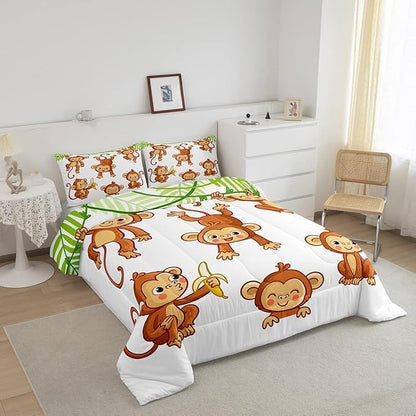 Feelyou Kids Cute Monkeys Bedding Set Cartoon Monkey Banana Decor Comforter for Kids Boys Girls Wild Animal Pattern Comforter Set Natural Wildlife Quilt Set Bedroom Collection 3Pcs Full Size
