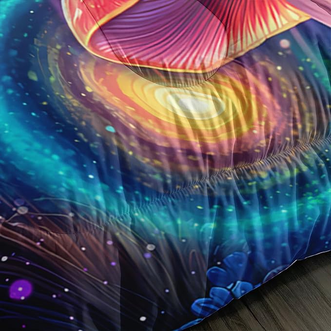 Kids Mushroom Comforter Set King Size,Colorful Flash Natural Wild Fungus Bedding Set for Kids Boys Girls Room Decor,Botanical Plants Bedding Sets with 2 Pillowcases.