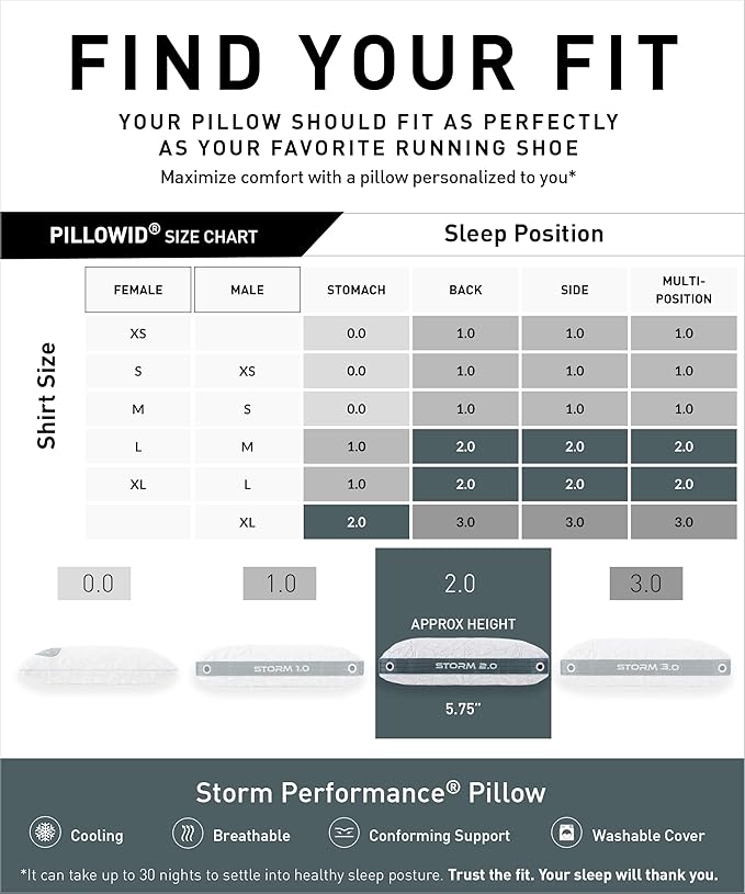 Bedgear Storm Performance Pillow – 2.0 - Cooling Bed Pillow for Hot Sleepers - Medium Firmness Pillow for All Sleep Positions, Washable & Removable Cover - 20" W x 26" L x 5.75" H